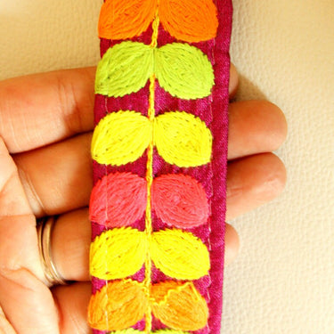 Fuchsia Pink Fabric Trim With Pink, Yellow, Orange And Green Embroidery